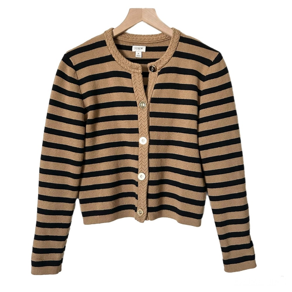 J.Crew Striped Cotton Lady Jacket Cardigan Sweater Camel Black Size Small